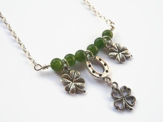 Lucky Charm Necklace, St. Patricks Day Necklace, 4 Leaf Clover, Minimalist Necklace, Green Jade Necklace, Luck, Irish Jewelry, Horseshoe