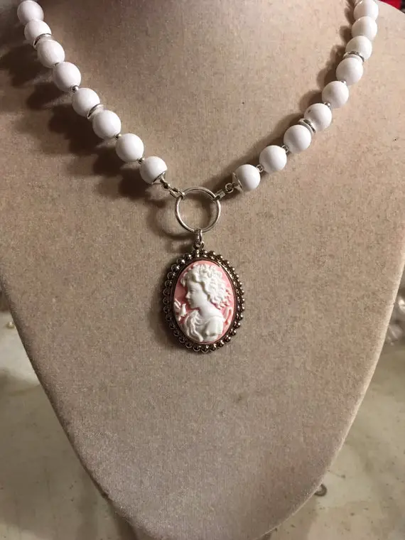Cameo Necklace - Silver Jewelry - White Jade Gemstone Jewellery - Pink Pendant - Luxe - Long
