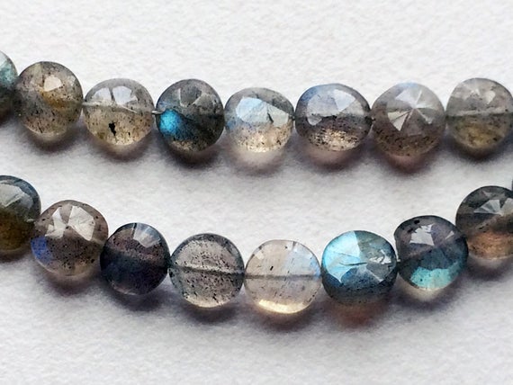 6-7mmlabradorite Faceted Coin Beads, Natural Labradorite Straight Drill Faceted Coins, Flashy Blue Fire Gems, 8 Inch Labradorite For Jewelry