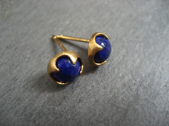 Lapis Lazuli Rose Cut Studs, 14 K Solid Gold Post Earrings, Genuine Blue Gemstones, Faceted Lapis Cabochons, 7 Mm