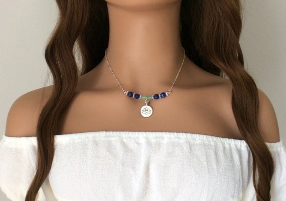 Lotus Necklace, Buddha, Om, Blue, Green, Gemstone