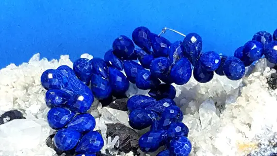 Afghan Indigo Blue Lapis Lazuli Faceted Drop Beads With Pyrite, Natural Lapis Lazuli, Faceted Pear Shape, 10 In. Full Strand, Royal Blue