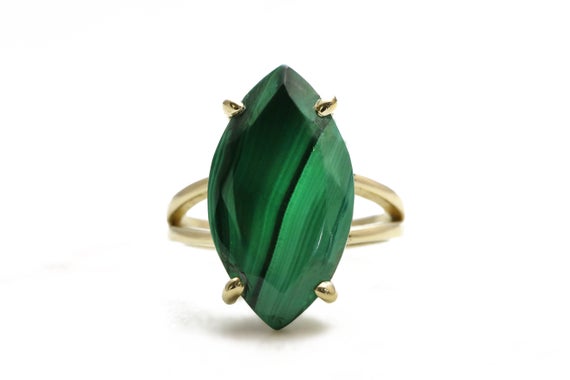 Malachite Ring · 14k Gold Ring · Green Gemstone Ring · Statement Gem Ring · Semiprecious Ring · Energy Love Ring For Women