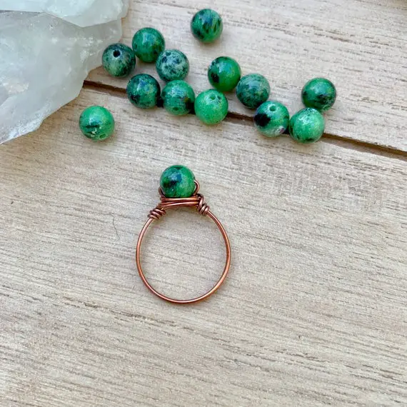 Mini Green Ruby Zoisite Ring, Green Gemstone Bead Ring, Crystal Rings, Wire Wrapped Ring, Fuschite Wire Wrap, Green Gemstone