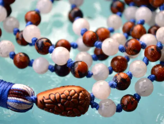 Moonstone & Goldstone Hand Knotted Mala Beads Necklace - Karma, Nirvana, Meditation 8mm 108 Prayer Beads For Chanting And Awakening Chak