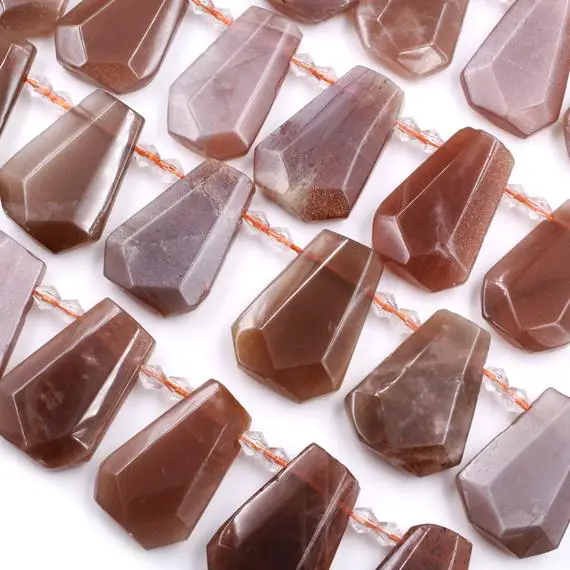 Natural Peach Moonstone Faceted Trapezoid Rectangle Beads Unique Side Drilled Tapered Teardrop Shape Cut Good For Focal Pendant 15.5" Strand