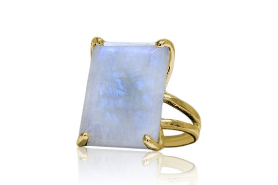 14k Gold Moonstone Ring · Rectangle Ring · Gemstone Ring · June Birthstone Ring · Long Ring · Large Raw Ring · Semiprecious Ring
