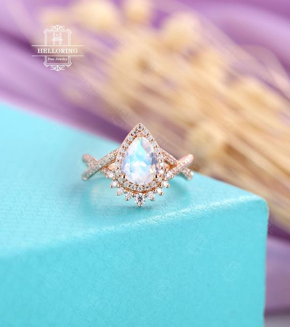 Pear Shaped Moonstone Engagement Ring Rose Gold Halo Diamond Moissanite Band Art Deco Delicate Ring Twisted Band Vintage Promise Ring