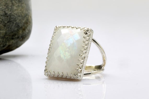 Sterling Silver Ring · Moonstone Ring · Bridal Ring · Rectangle Silver Ring · Precious Ring · Birthday Gift · Gifts For Mom