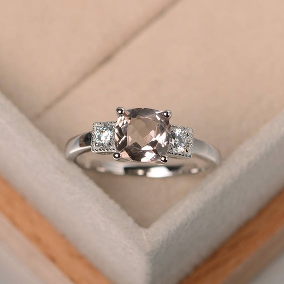 Natural Pink Morganite Ring,promise Ring ,cushion Cut,real Gemstone Ring,sterling Silver Ring