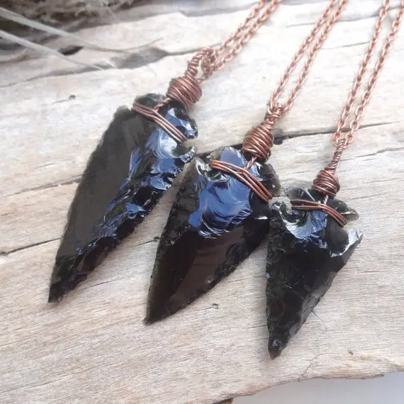 Black Obsidian Arrowhead Pendant, Wire Wrap Protection Necklace, Mens Protection Arrow Pendant, Big Size Arrow Obsidian, Large Arrowhead