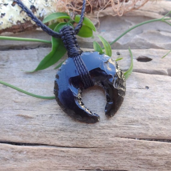 Black Obsidian Crescent Moon Macrame Necklace / Grounding Necklace