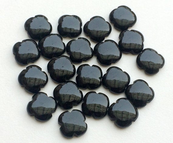15mm Black Onyx Fancy Floral Cabochons, 5 Pieces Black Onyx Clover Shape Flat Plain Stones, Loose Onyx Floral Gems For Jewelry - Ks3193