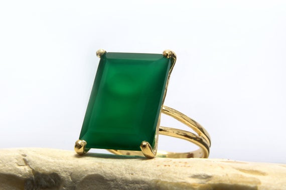 Gold Rectangle Ring · Custom Size Ring · Green Onyx Ring · Birthstone Rings · Cocktail Ring · Bouble Band Ring · Vintage Ring