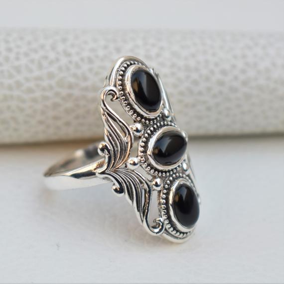 Multi Stone Black Onyx Ring-handmade Silver Ring-925 Sterling Silver Ring-oval Black Onyx Designer Ring-december Birthstone-multistone Ring