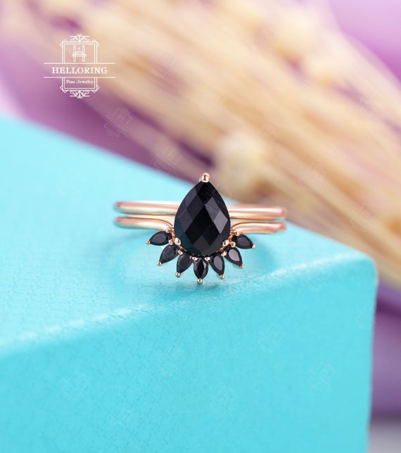 Pear Cut Black Onyx Engagement Ring Black Onyx Wedding Band Rose Gold Bridal Art Deco Matching Stacking Unique Promise Anniversary Ring