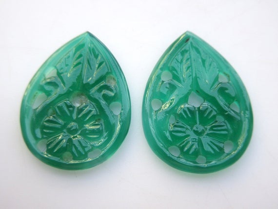 Green Onyx, Filigree Findings, Stone Carving, Hand Carved, Green Onyx Stone, Matched Pair 29x21mm Each