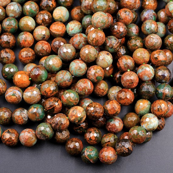 Natural African Green Opal Faceted Round Beads 10mm Large Faceted Round Beads High Quality Green Brown Gemstone Opal Beads 15.5" Strand