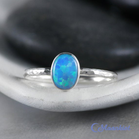 Dainty Oval Blue Opal Promise Ring, Sterling Silver Blue Opal Ring, Blue Opal Ring Silver | Moonkist Designs