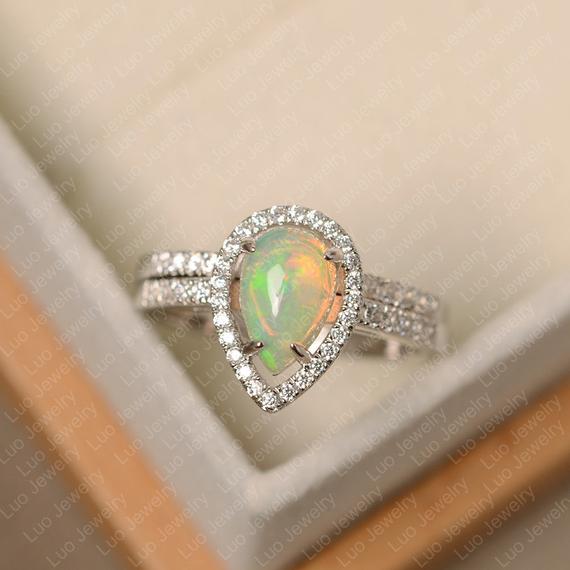 Opal Ring, Pear Cut Rainbow Gemstoe Ring, Sterling Silver Wedding Ring Set
