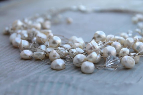 Wedding Jewelry Bridal Pearl Necklace / Bridesmaid Necklace /  Floating Necklace / Illusion Necklace/ Genuine Pearl Necklace / White Cream