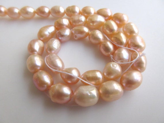 Peach Color Centre Drilled Fresh Water Potato Pearl Beads, High Lustre Fancy Shaped Loose Pearls, 13 Inches, 8mm To 10mm Each, Sku-fp45