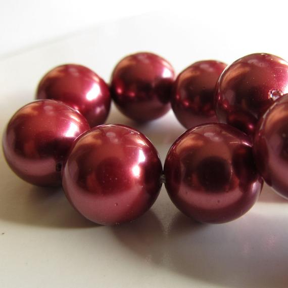 Shell Pearl Beads 12mm Lustrous Wine Red Shell Pearl Round Beads  - 6 Pieces