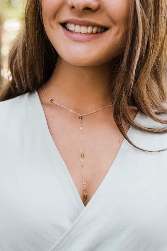 Peridot Crystal Bead Chain Lariat Necklace In Bronze, Silver, Gold Or Rose Gold - 16" Chain With 2" Adjustable Extender. August Birthstone