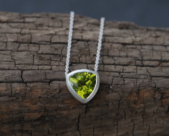 Christmas Gift For Her Peridot Trillion Necklace In Silver, Green Gem Trilliant Necklace