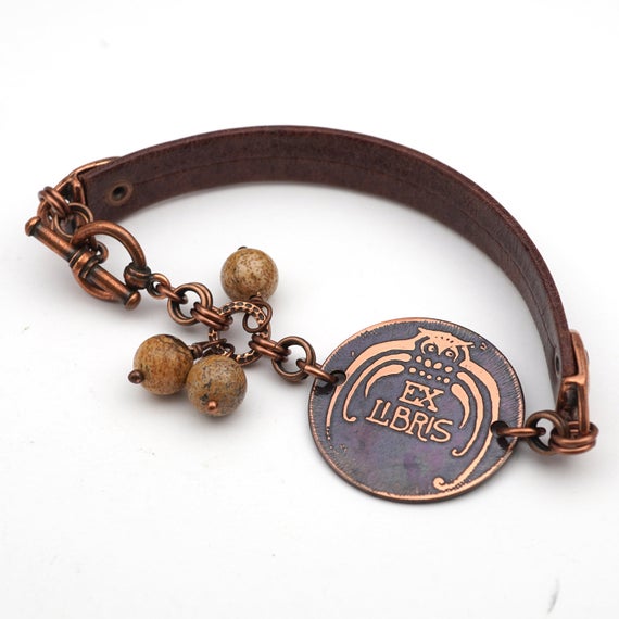 Ex Libris Owl Bracelet, Etched Copper, Picture Jasper Beads, Gift For Librarian, 8 Inches Long
