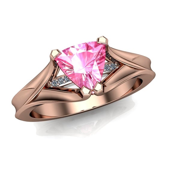 Pink Sapphire Engagement Ring | Trillion In Rose Gold Band With Diamonds | Usa Custom Ring | "sonora"