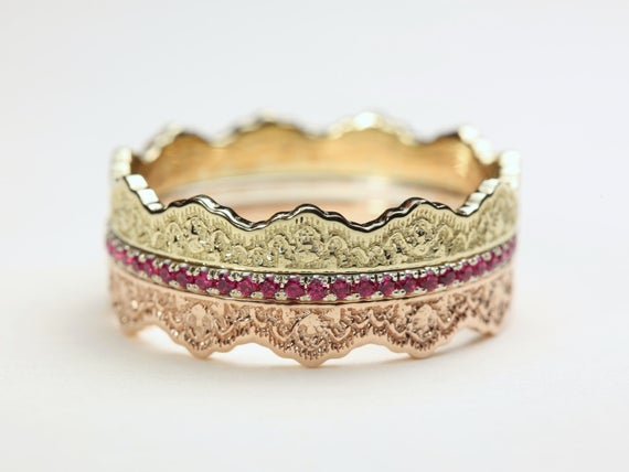 Stacking Rings Set, Stacking Lace Wedding Band, Pink Sapphire Lace Band, Stackable Gold Rings, Pink Stacking Rings