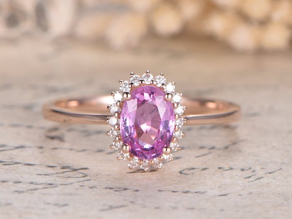 Vs Pink Sapphire Engagement Ring Solid 14k Rose Gold Diamond Wedding Ring Bridal Ring Promise Ring 5x7mm Oval Pink Sapphire Ring Women Ring