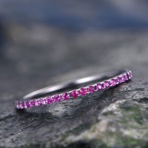 Shop Pink Sapphire Jewelry! Pink Sapphire wedding ring-solid 14k white gold-handmade petite ring-half eternity- 1.2mm Matching band-tiny stones promise ring-best gift | Natural genuine Pink Sapphire jewelry. Buy handcrafted artisan wedding jewelry.  Unique handmade bridal jewelry gift ideas. #jewelry #beadedjewelry #gift #crystaljewelry #shopping #handmadejewelry #wedding #bridal #jewelry #affiliate #ad