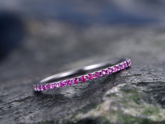 Pink Sapphire Wedding Ring-solid 14k White Gold-handmade Petite Ring-half Eternity- 1.2mm Matching Band-tiny Stones Promise Ring-best Gift