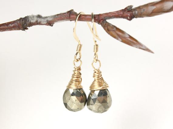 Pyrite Earrings Gold Filled Wire Wrapped Natural Gemstones Simple Minimalist Dainty Dangle Drops Birthday Gift For Her Women Mom Wife 4885
