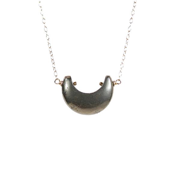 Pyrite Necklace, Crescent Necklace, Horseshoe Jewelry, Good Luck Charm, Moon Necklace, Lucky Necklace, Healing Stone Pendant