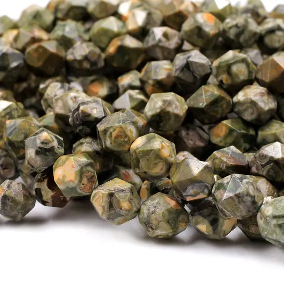 Natural Rainforest Rhyolite Jasper Faceted Nugget Star Cut Geometric Beads Large Facets 8mm 10mm Faceted Beads 15.5" Strand