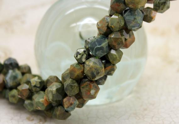 Green Rhyolite Beads, Faceted Round Sphere Natural Rhyolite Gemstone Beads (7mm) - Pg258