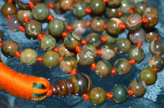 Knotted Rainforest Jasper Mala Rhyolite Beads Necklace - Heal Any Emotional Problems You May Have, Gives You A Deeper Connection With Nature