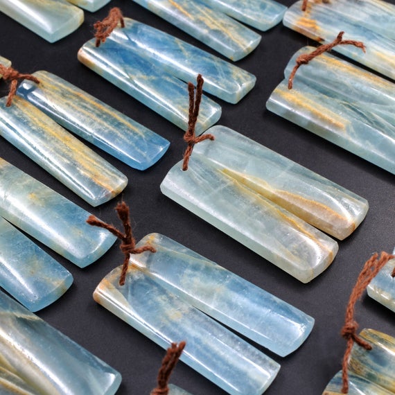 Natural Argentina Lemurian Aquatine Calcite Aka Blue Calcite Earring Pairs Cabochon Cab Rectangle Drilled Matched Gemstone Beads