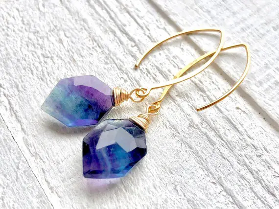 Raw Fluorite Earrings Rainbow Fluorite Jewelry Purple Fluorite Crystal Point Natural Gemstone Earrings Crystal Hexagon Earrings Ametrine