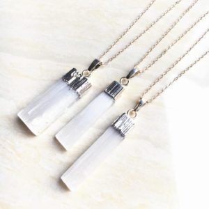 Rectangle Slender White Selenite Pendant // Silver Plated Selenite Necklace // Gold Plated Selenite Pendant Chain Necklace | Natural genuine Array jewelry. Buy crystal jewelry, handmade handcrafted artisan jewelry for women.  Unique handmade gift ideas. #jewelry #beadedjewelry #beadedjewelry #gift #shopping #handmadejewelry #fashion #style #product #jewelry #affiliate #ad