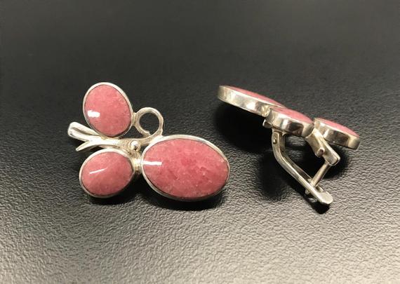 Rhodochrosite Earrings, Natural Rhodochrosite, Vintage Earrings, Raspberry Earrings, Statement Earrings, Pink Earrings, 925 Silver Earrings