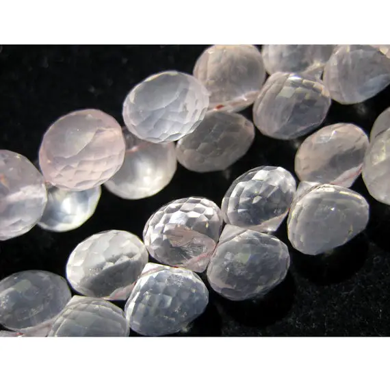 Rose Quartz Micro Faceted Onion Shaped Briolette Gemstone Beads 9mm Each, Sold As 4 Inch/8 Inch Strand