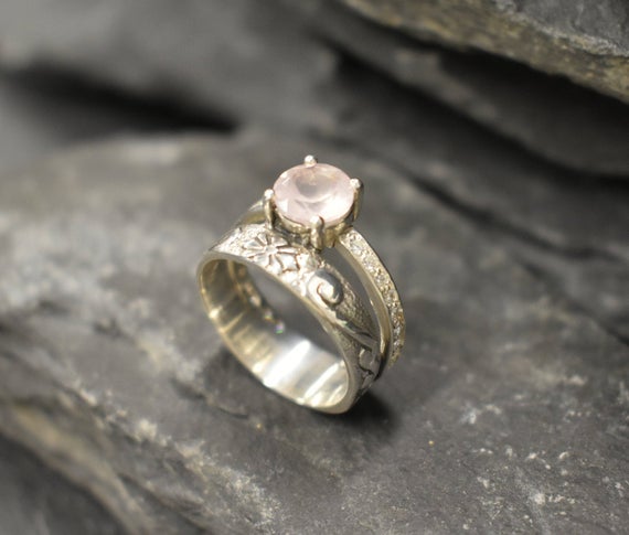 Pink Vintage Ring, Natural Rose Quartz Ring, Double Band Ring, Pink Boho Ring, Solitaire Ring, Pink Gemstone Ring, For Her, Bands By Adina
