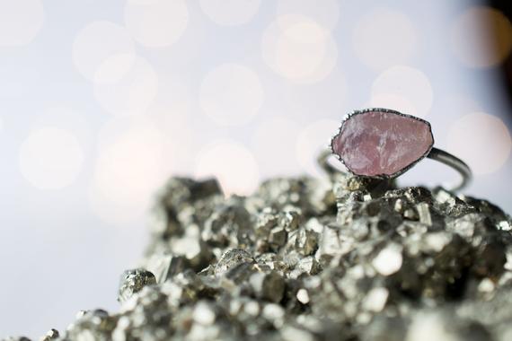Oxidized Silver Rose Quartz Ring | Simple Stone Stacking Ring | Pale Rose Quartz Stacking Ring | Raw Mineral Jewelry | Organic Stone Jewelry