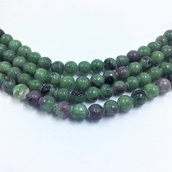 6mm Round Ruby In Zoisite Gemstone Beads. 15" Strand Of High Quality Beads, About 64 Per Strand. Green And Black With Touches Of Pink.