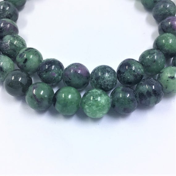 8mm Ruby In Zoisite Gemstone Beads.  15” Strand Of High Quality Round Beads, About 48 Per Strand. Green Black Pink