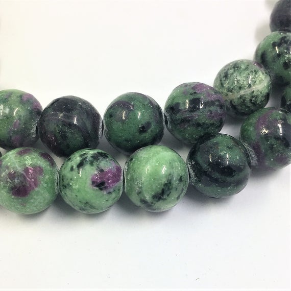 Ruby In Zoisite Gemstone Beads. 12mm Round Beads On 15 Inch Strand. Full Strand Of High Quality Beads, About 32 Per Strand. Green Black Pink